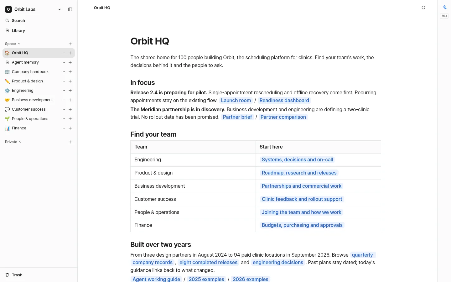 Orbit Labs, a sample 100-person company workspace with two years of team documents, meetings and artifacts