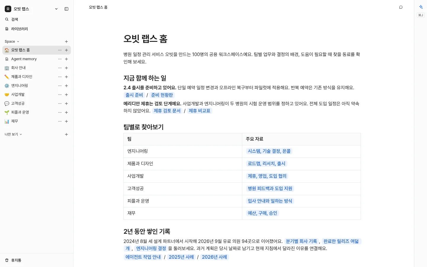 여러 팀이 2년 동안 쌓은 문서, 회의, 아티팩트가 담긴 100명 규모의 가상 회사 오빗 랩스 워크스페이스